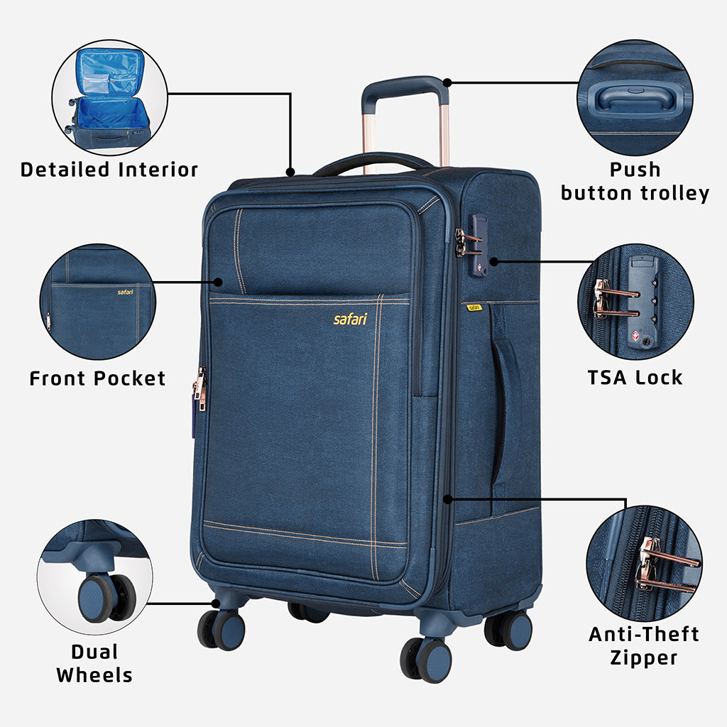 Safari Denim Plus Navy Blue Trolley Bag with Dual Wheels