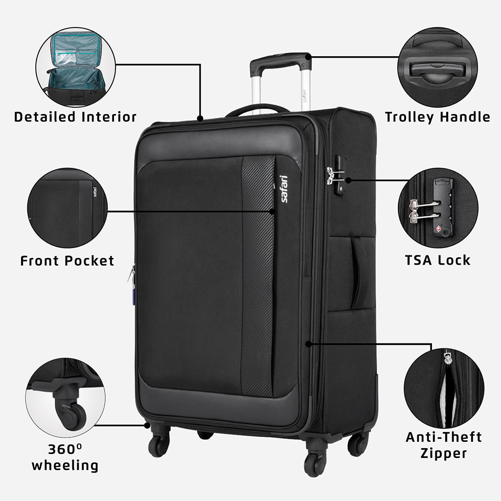 Slant Anti Theft Soft Luggage with Securi Zipper, TSA Lock and Organized Interior with Wet Pouch- Black