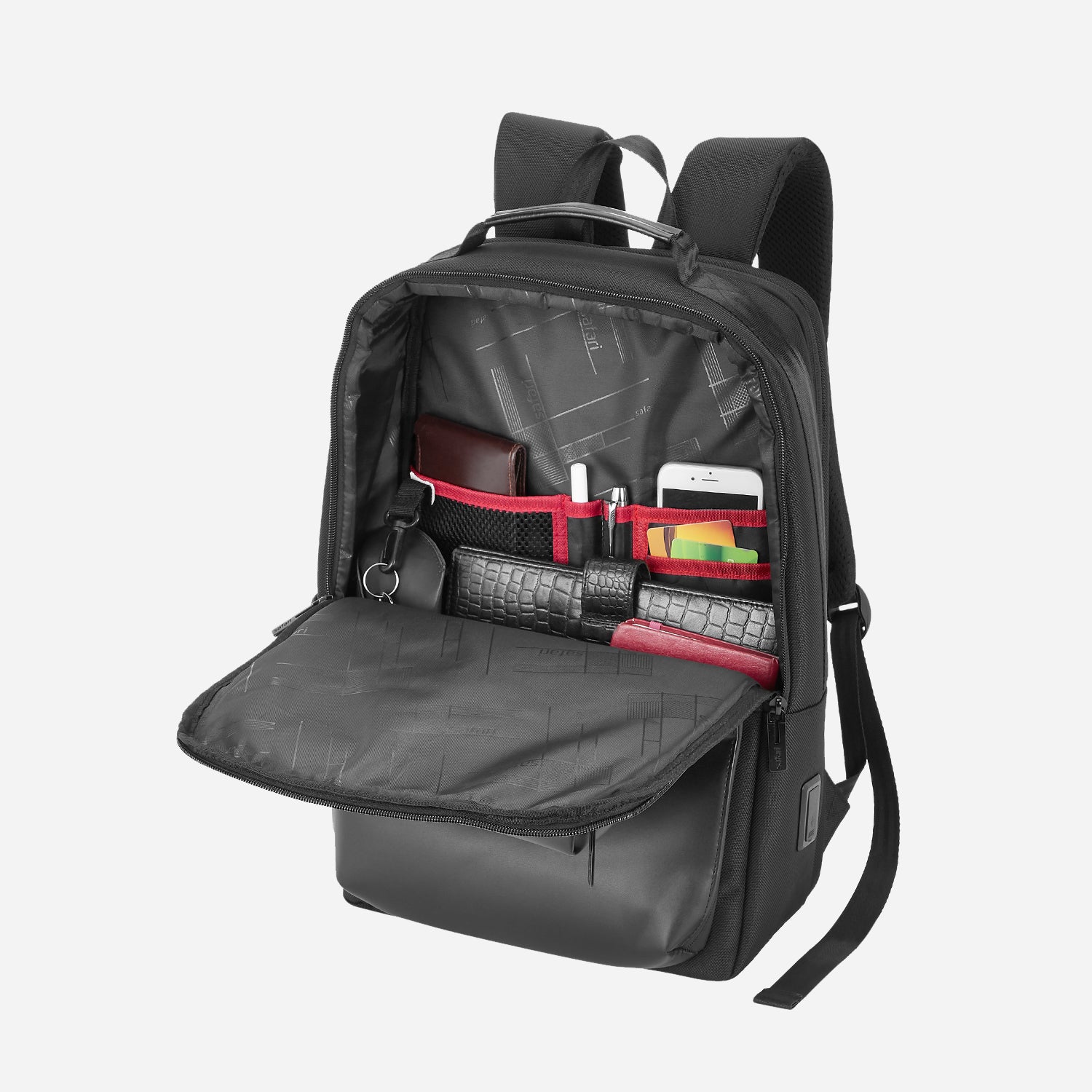 Ritz Formal Backpack with USB Port , Hidden Pockets and Trolley Sleeve- Black