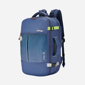 Safari Seek 45L Blue Backpack Suitcase with Two Way Handle, Chest Straps & Luggage Style Packing