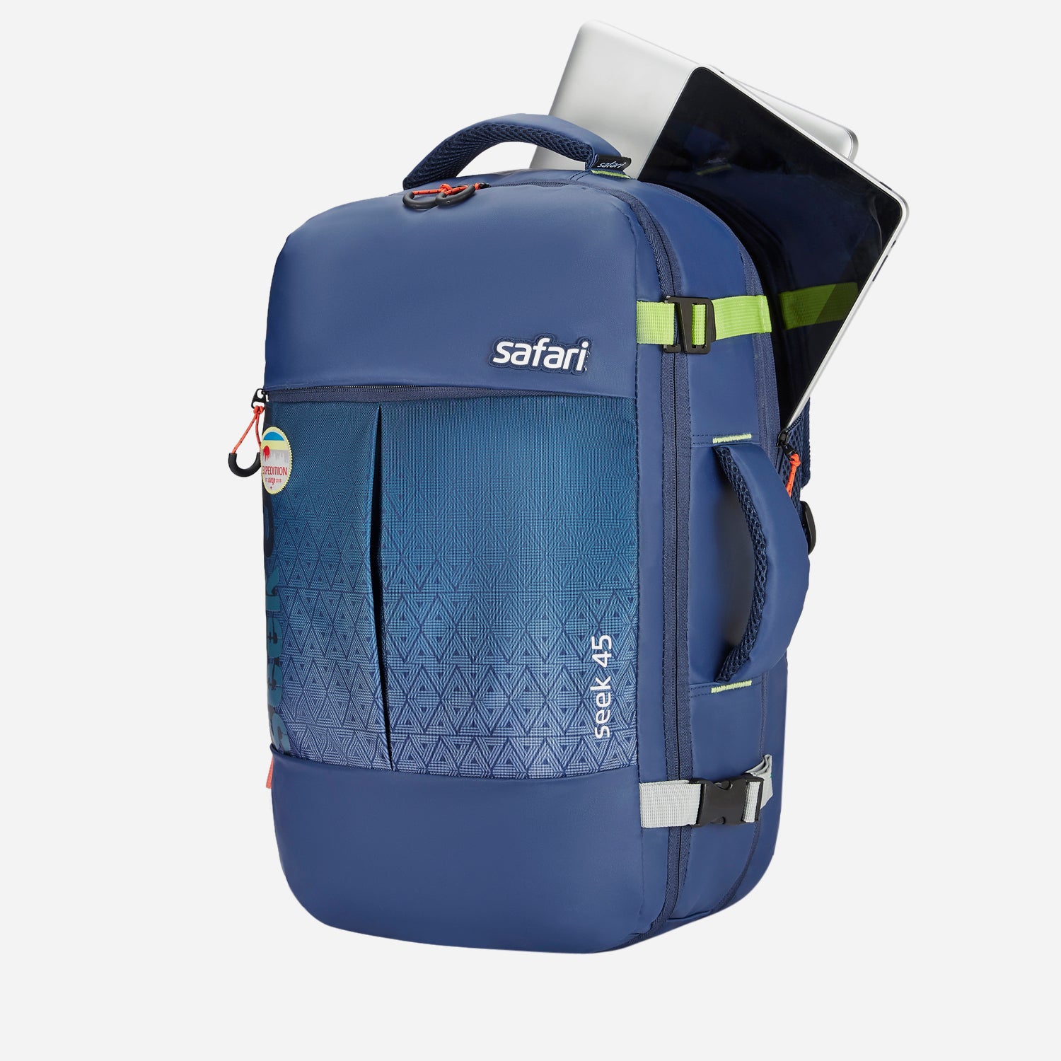 Safari Seek 45L Blue Backpack Suitcase with Two Way Handle, Chest Straps & Luggage Style Packing